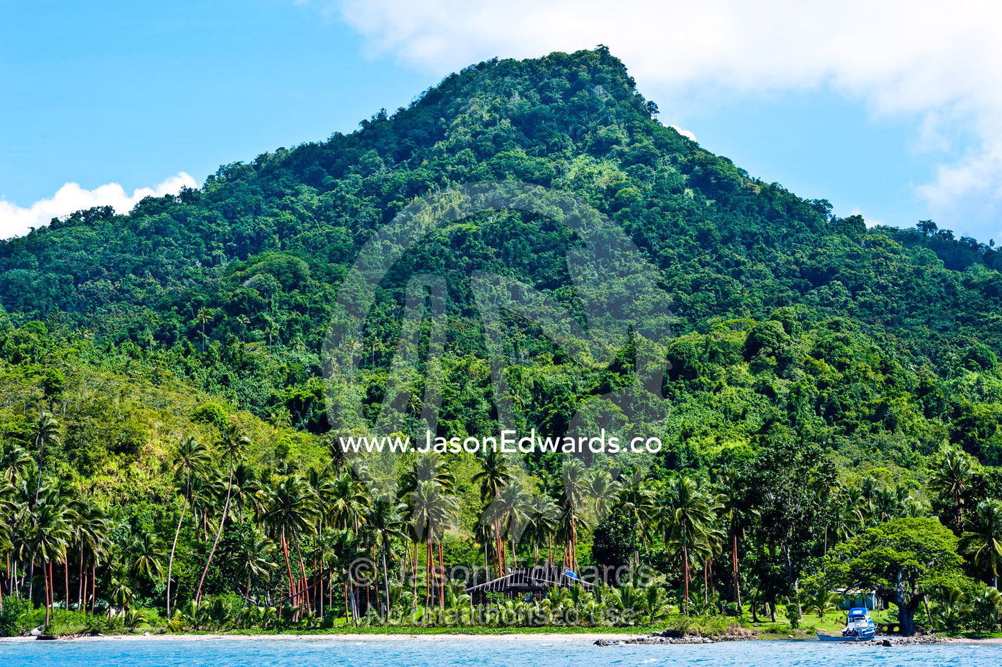 An idyllic hide-away home on a remote forested tropical island. Cobia Island, Ringgold Atolls, Pacific Ocean, Fiji Islands.