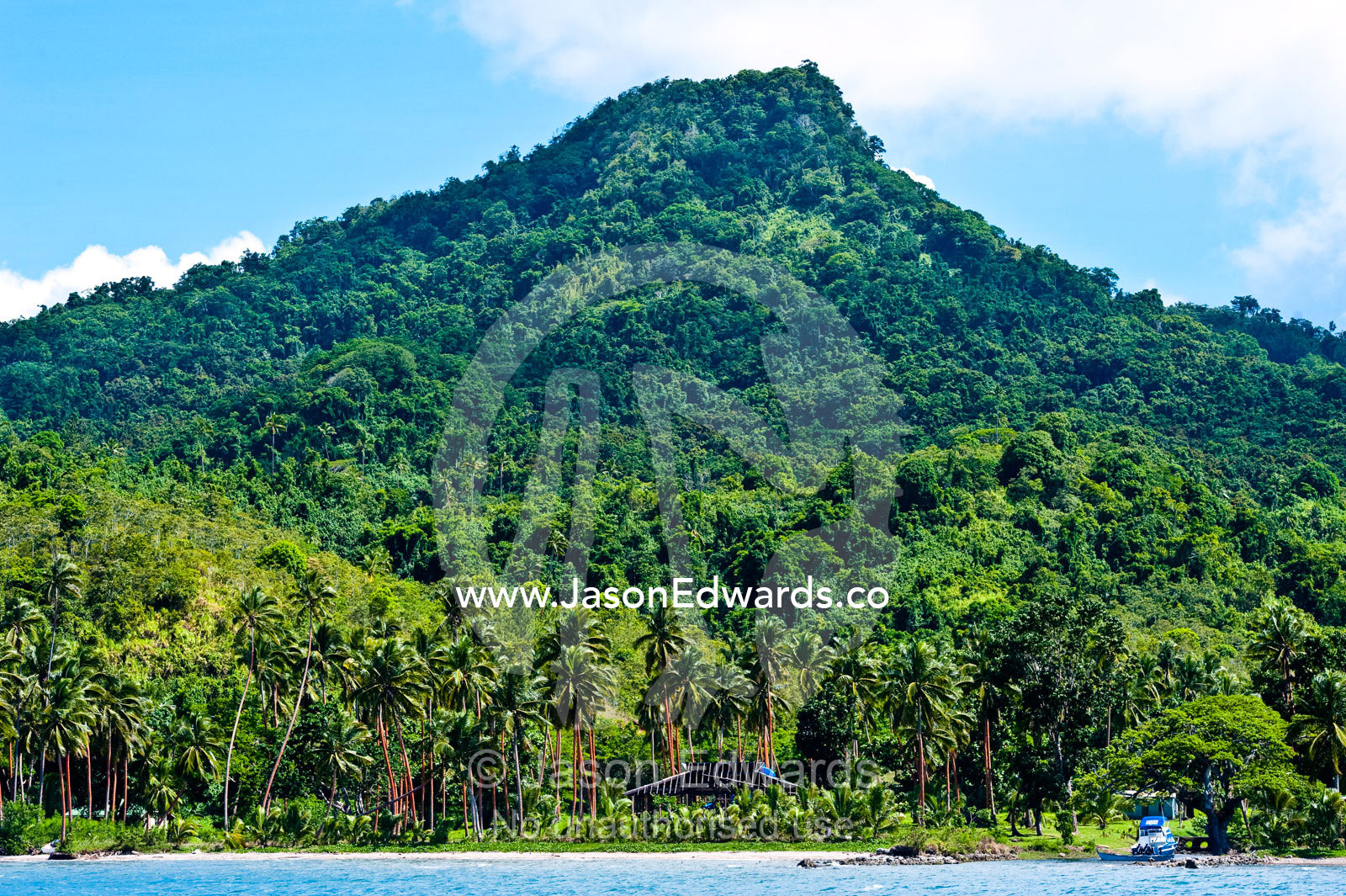 An idyllic hide-away home on a remote forested tropical island. Cobia Island, Ringgold Atolls, Pacific Ocean, Fiji Islands.
