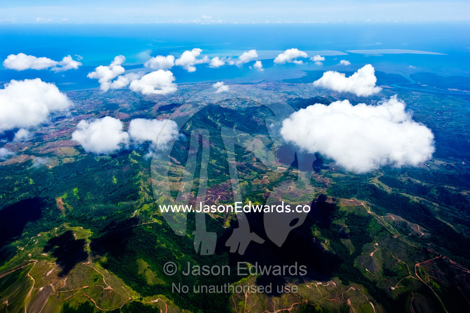 Farmland, timber plantations and deforestation on a tropical island. Viti Levu Island, Pacific Ocean, Fiji Islands.