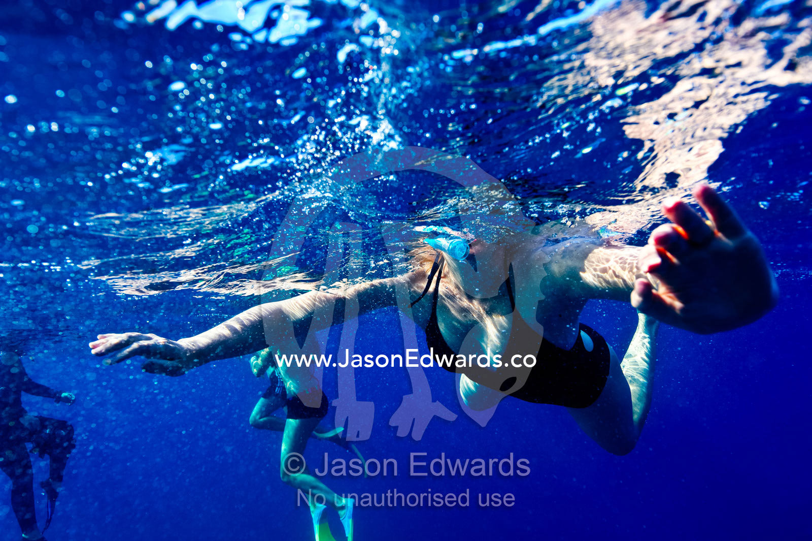 Tourists snorkel on the ocean surface looking for Manta Rays. Rabi Island, Somosomo Strait, Pacific Ocean, Fiji Islands.