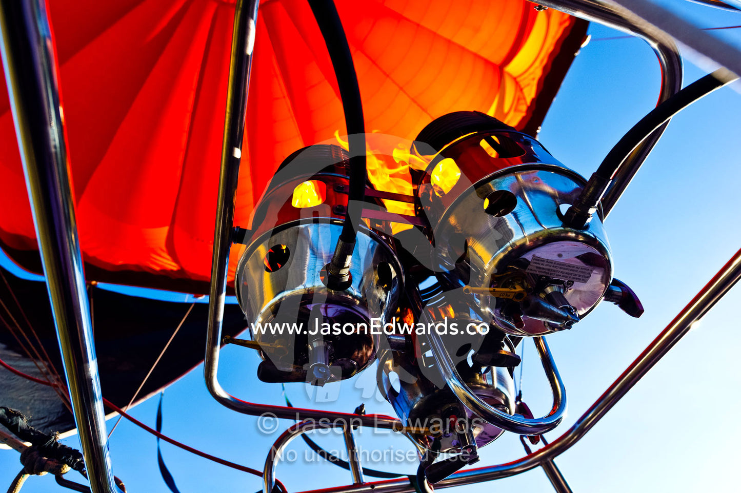 Stainless steel valves and burners for inflating a hot air balloon. Viti Levu Island, Pacific Ocean, Fiji Islands.