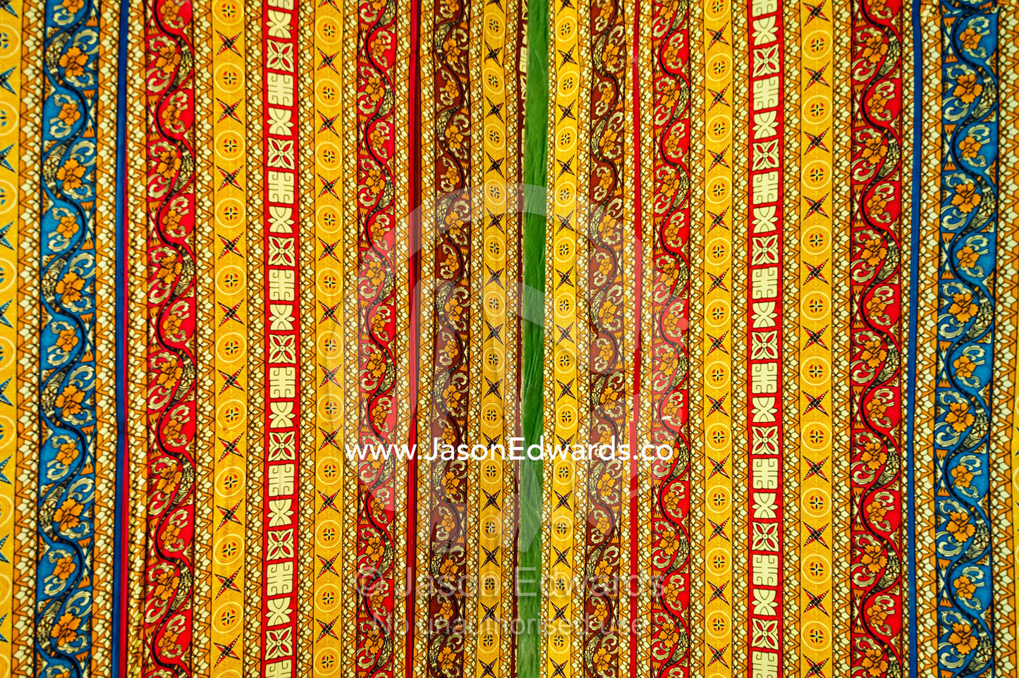 Colorful patterns adorns traditional cloth at a village market. Tabiang Village, Rabi Island, Somosomo Strait, Pacific Ocean, Fiji Islands.