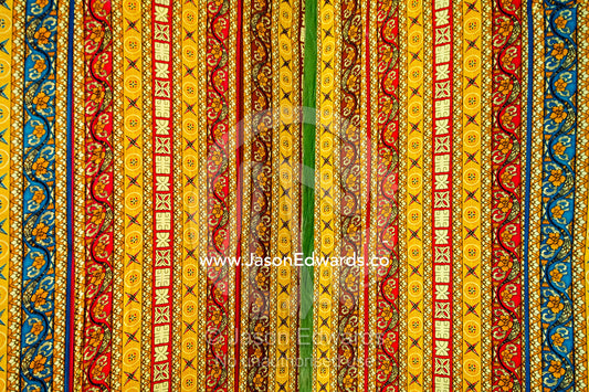 Colorful patterns adorns traditional cloth at a village market. Tabiang Village, Rabi Island, Somosomo Strait, Pacific Ocean, Fiji Islands.