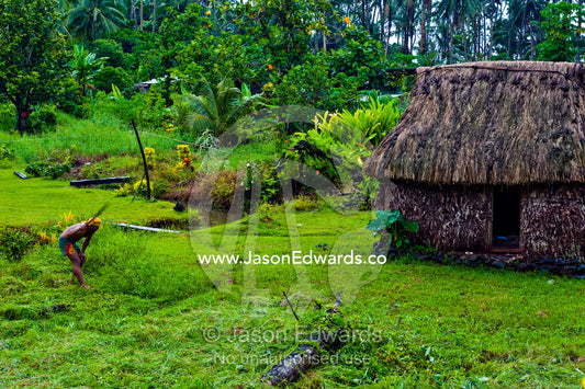 A farmer cuts the grass around his thatched hut with a machete. Bouma Falls, Bouma National Heritage Park, Taveuni Island, Pacific Ocean, Fiji Islands.
