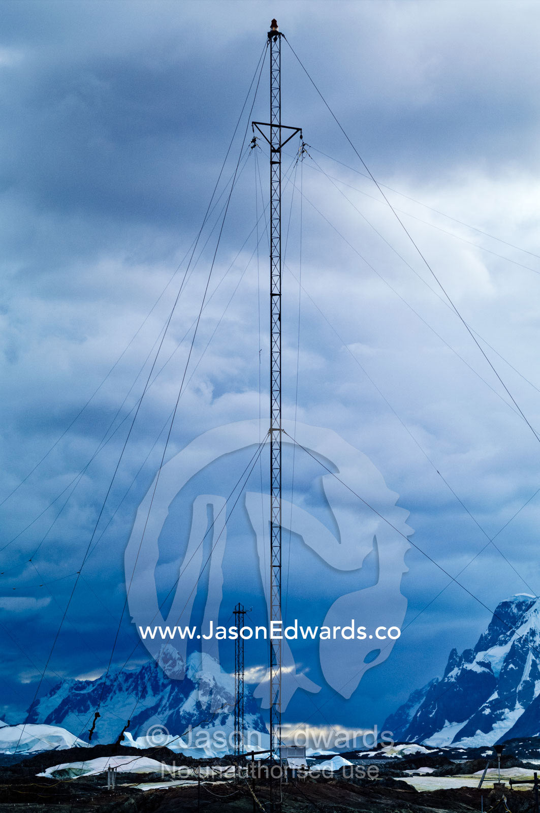Radio and communication antenna at a remote Ukraine research station. Vernadsky Antarctic Research Base, Galindez Island, Argentine Islands, Faraday Islands, Antarctic Peninsula, Antarctica.