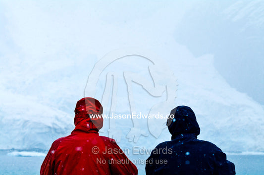 Tourists study the icy shore of an Antarctic island in a blizzard. Pl��neau and Booth Islands, Bellingshausen Sea, Antarctic Peninsula, Antarctica.