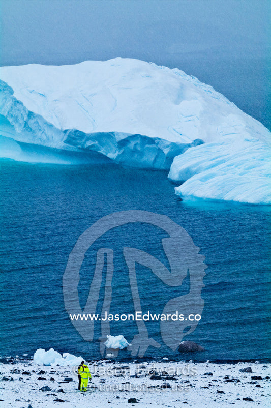 A tourist in fluorescent clothing watches an iceberg near the shore. Danco Island, Antarctic Peninsula, Antarctica.