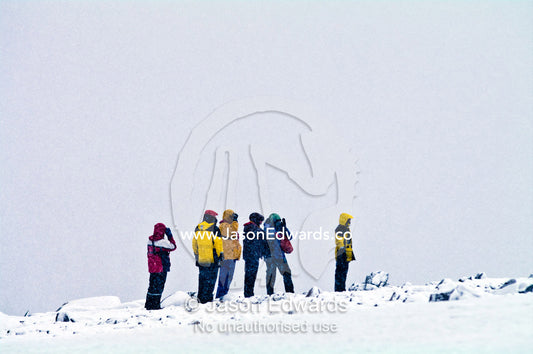 Tourists wait to follow an ornithologist guide through a blizzard. Danco Island, Antarctic Peninsula, Antarctica.