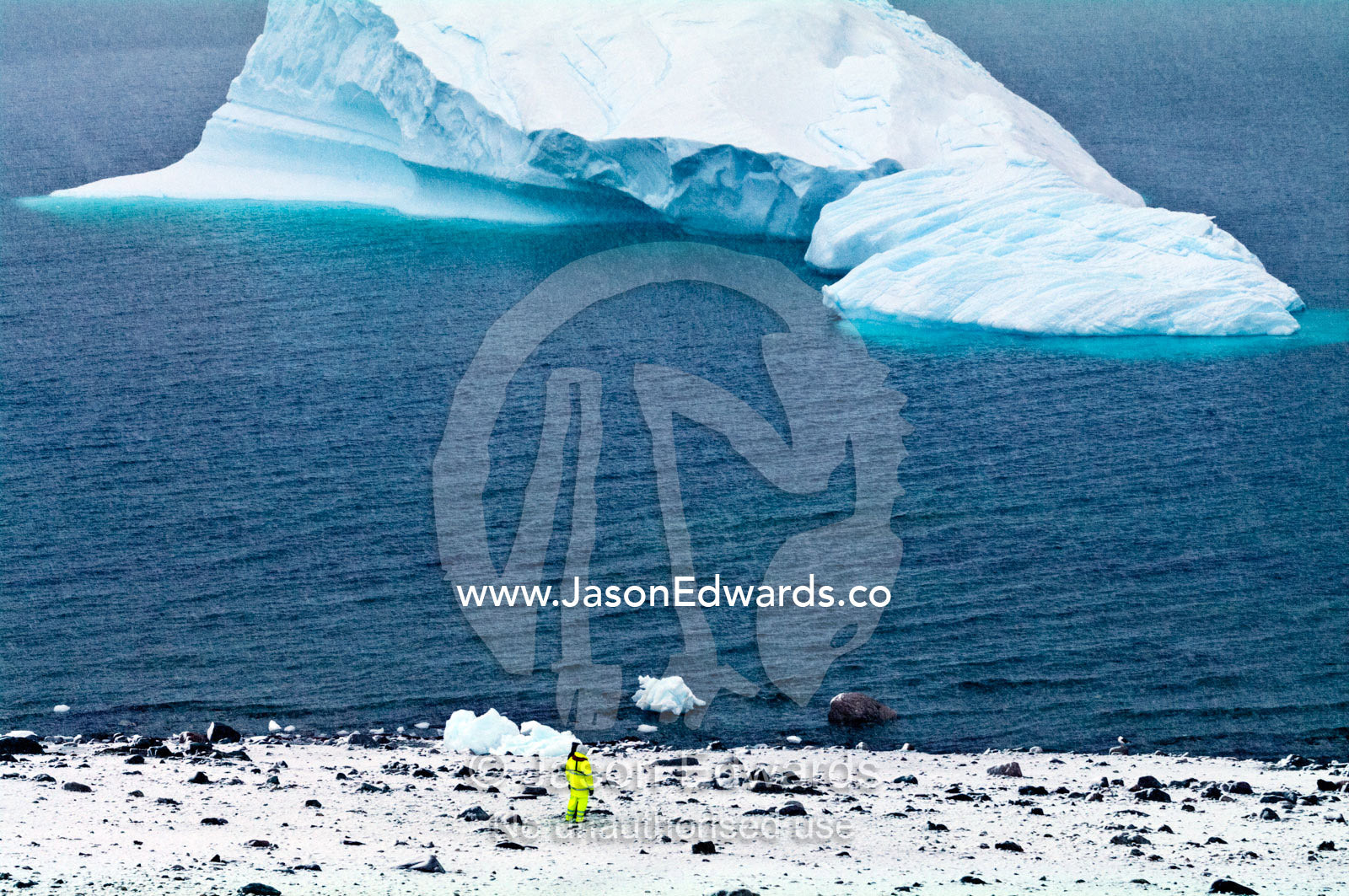 A tourist in fluorescent clothing watches an iceberg near the shore. Danco Island, Antarctic Peninsula, Antarctica.