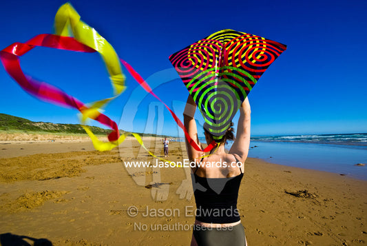 A woman prepares to launch a kite on a windswept beach during summer. Cape Liptrap Coastal Park, Venus Bay, Bass Strait, South Gippsland, Victoria, Australia.
