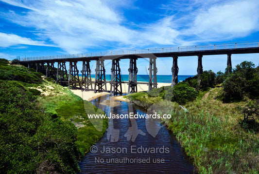 A timber railway bridge crossing a gully and small tannin tidal river. Bourne Creek, Kilkunda, Gippsland, Victoria, Australia.