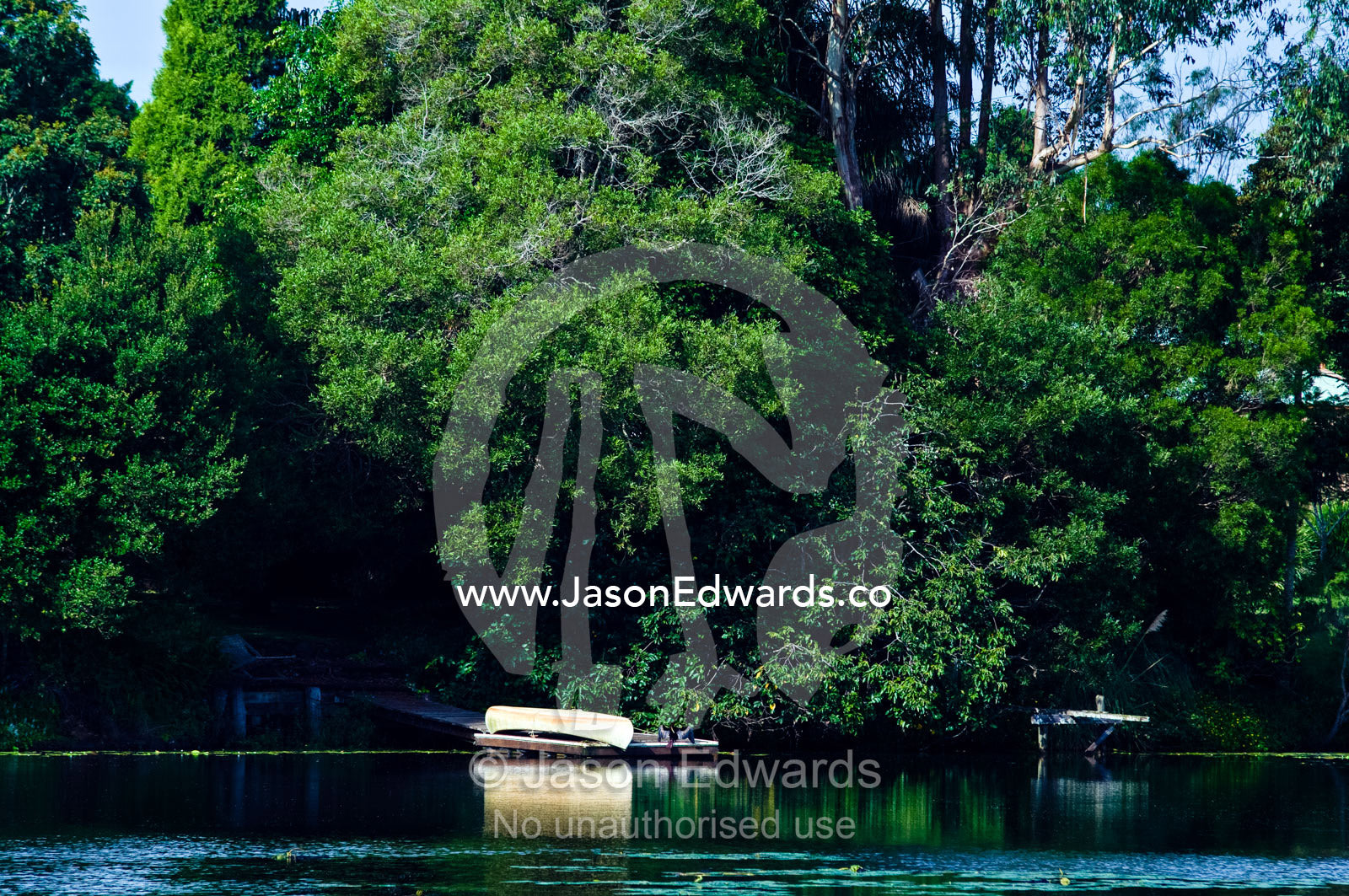 A canoe rests on a jetty on the shore of a lake surrounded by trees. Witta, Sunshine Coast, Brisbane, Queensland, Australia.