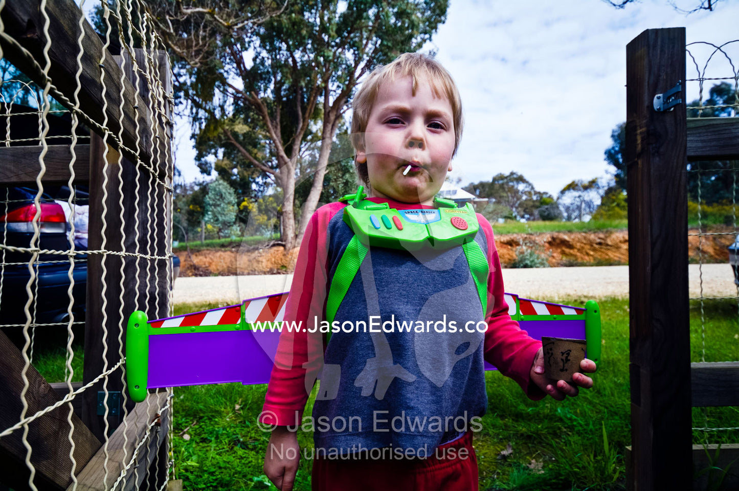 A boy proudly displays his costume wings sucking a lollypop. Castlemaine, Victoria, Australia.