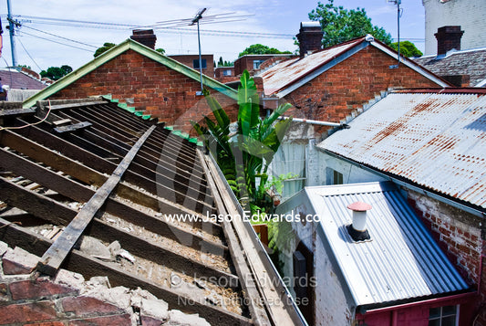A corrugated iron roof removed from a house during a renovation. Carlton North, Melbourne, Victoria, Australia.