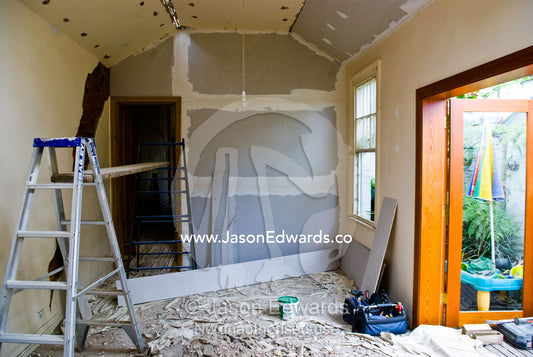Plastering in a heritage living room during a house renovation. Carlton North, Melbourne, Victoria, Australia.