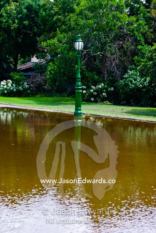 A flooded park in an inner city heritage garden after severe rainfall. Hedgely Dene Gardens, Malvern East, Melbourne, Victoria, Australia.