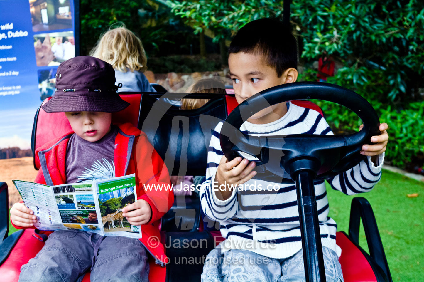 Young friends read a zoo map whilst pretending to drive a golf cart. Taronga Zoo, Sydney Harbour, Mosman, Sydney, New South Wales, Australia.