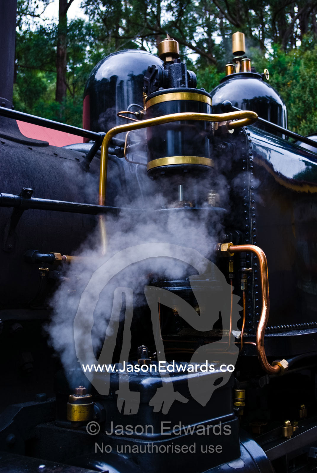 Steam funnels out a pressure release valve on an antique steam engine. Lakeside, Emerald, Melbourne, Victoria, Australia.