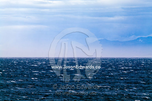 Strong winds whip the ocean surface into a sea of icy whitecaps. Ushuaia, Fuegian Andes, Ushuaia Bay, The Beagle Channel, Tierra del Fuego Archipelago, Straits of Magellan, Tierra del Fuego Province, Patagonia, Argentina.