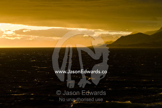 The setting sun turns whitecaps on a windy ocean surface golden. Ushuaia, Martial Mountains, Fuegian Andes, Ushuaia Bay, The Beagle Channel, Tierra del Fuego Archipelago, Straits of Magellan, Tierra del Fuego Province, Patagonia, Argentina.