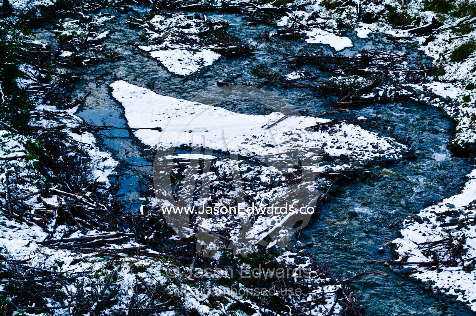 A snowy alpine river choked by trees and logs smashed by winter storms Glacier El Martial, Ushuaia, Fuegian Andes, Tierra del Fuego Archipelago, Straits of Magellan, Tierra del Fuego Province, Patagonia, Argentina.