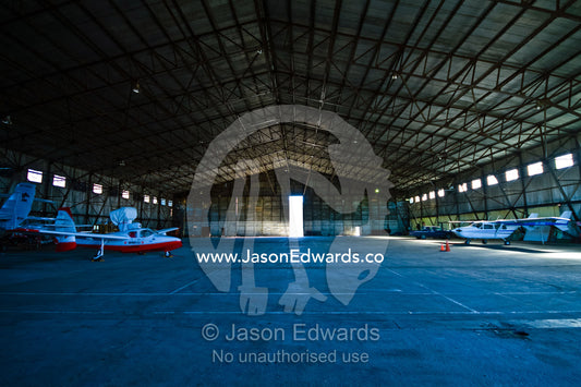 An enormous empty aircraft hanger houses planes for alpine flying. Ushuaia, Tierra del Fuego Province, Patagonia, Argentina.