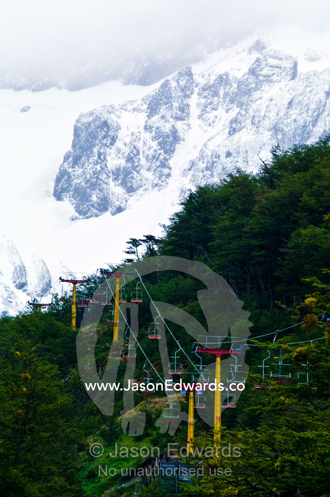 An alpine chairlift rises through a beech forest to a ski resort. Glacier El Martial, Ushuaia, Fuegian Andes, Tierra del Fuego Archipelago, Straits of Magellan, Tierra del Fuego Province, Patagonia, Argentina.