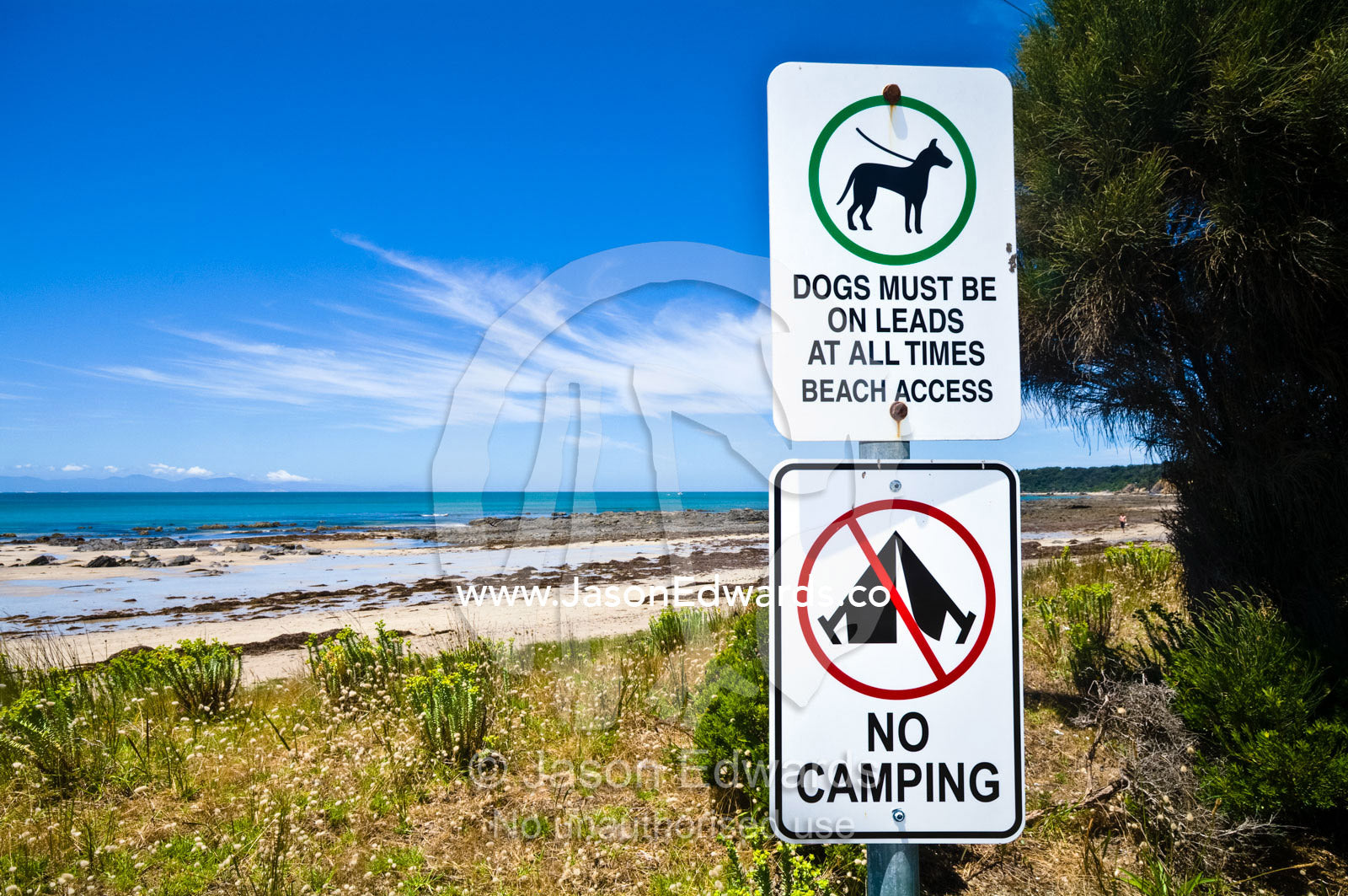 Signs and graphics indicate laws banning camping and dogs on a beach. Walkerville, Bass Strait, South Gippsland, Victoria, Australia.