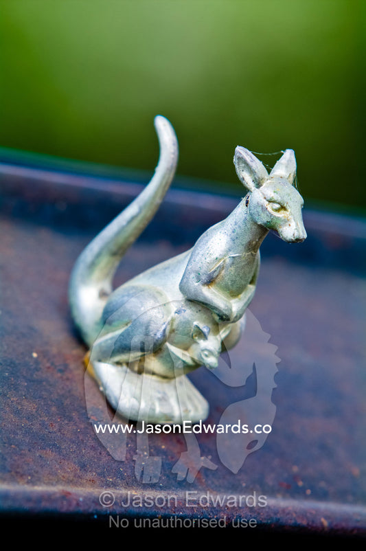 An ornamental silver kangaroo and joey on the roof of an antique car. Fish Creek, South Gippsland, Victoria, Australia.