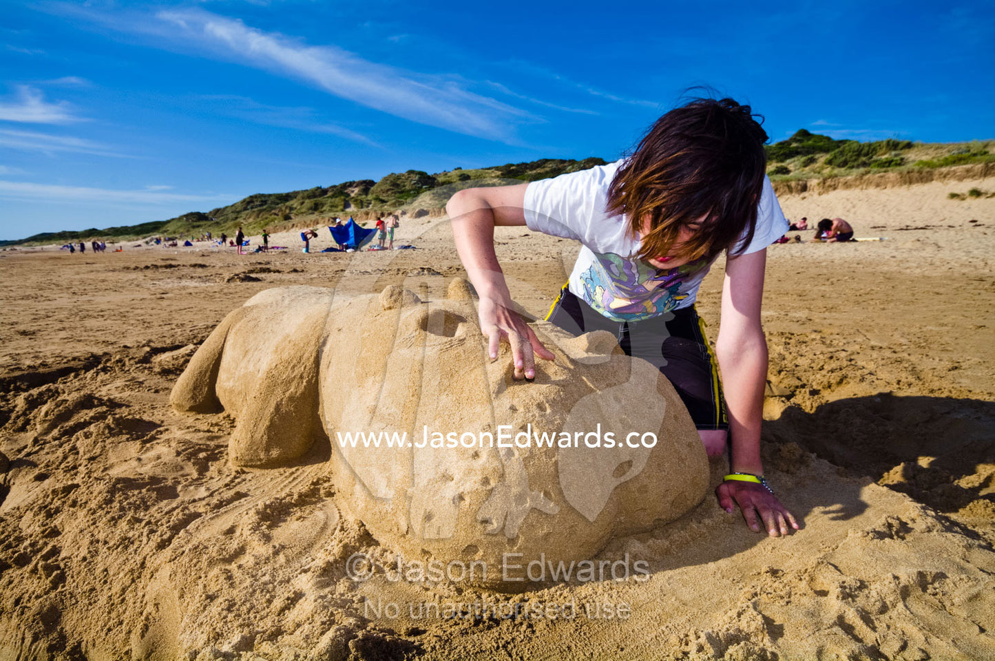 A teenage boy carves a hippo sand sculpture on a beach at low tide. Venus Bay, Cape Liptrap Coastal Park, Bass Strait, South Gippsland, Victoria, Australia.