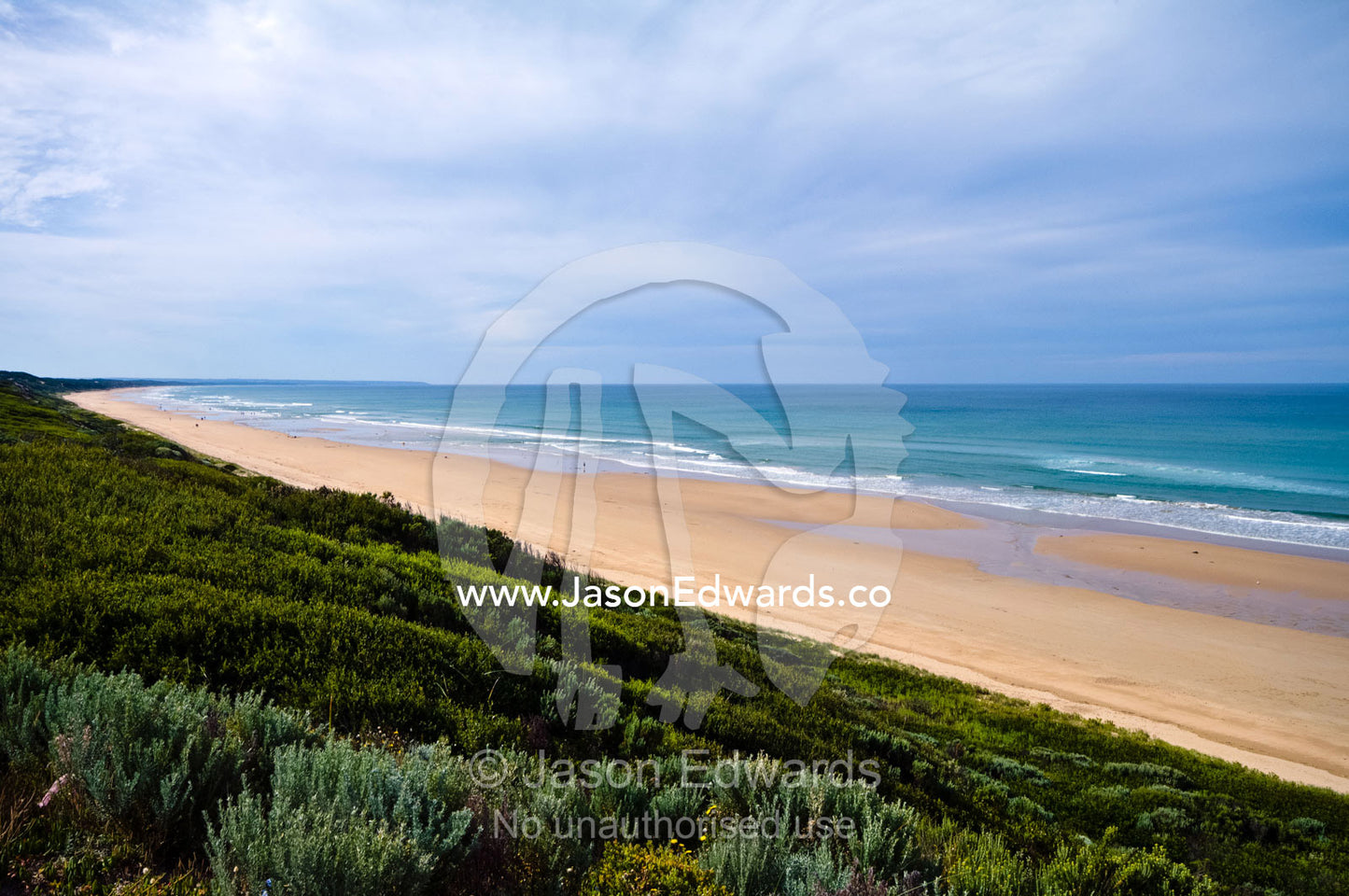 A vast sandy beach fronts Tea Tree scrub on coastal sand dunes. Venus Bay, Cape Liptrap Coastal Park, Bass Strait, South Gippsland, Victoria, Australia.