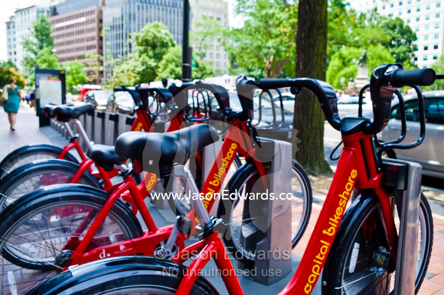 Bicycles at a Capital Bikeshare stand for people to rent. Washington, District of Columbia, United States of America.