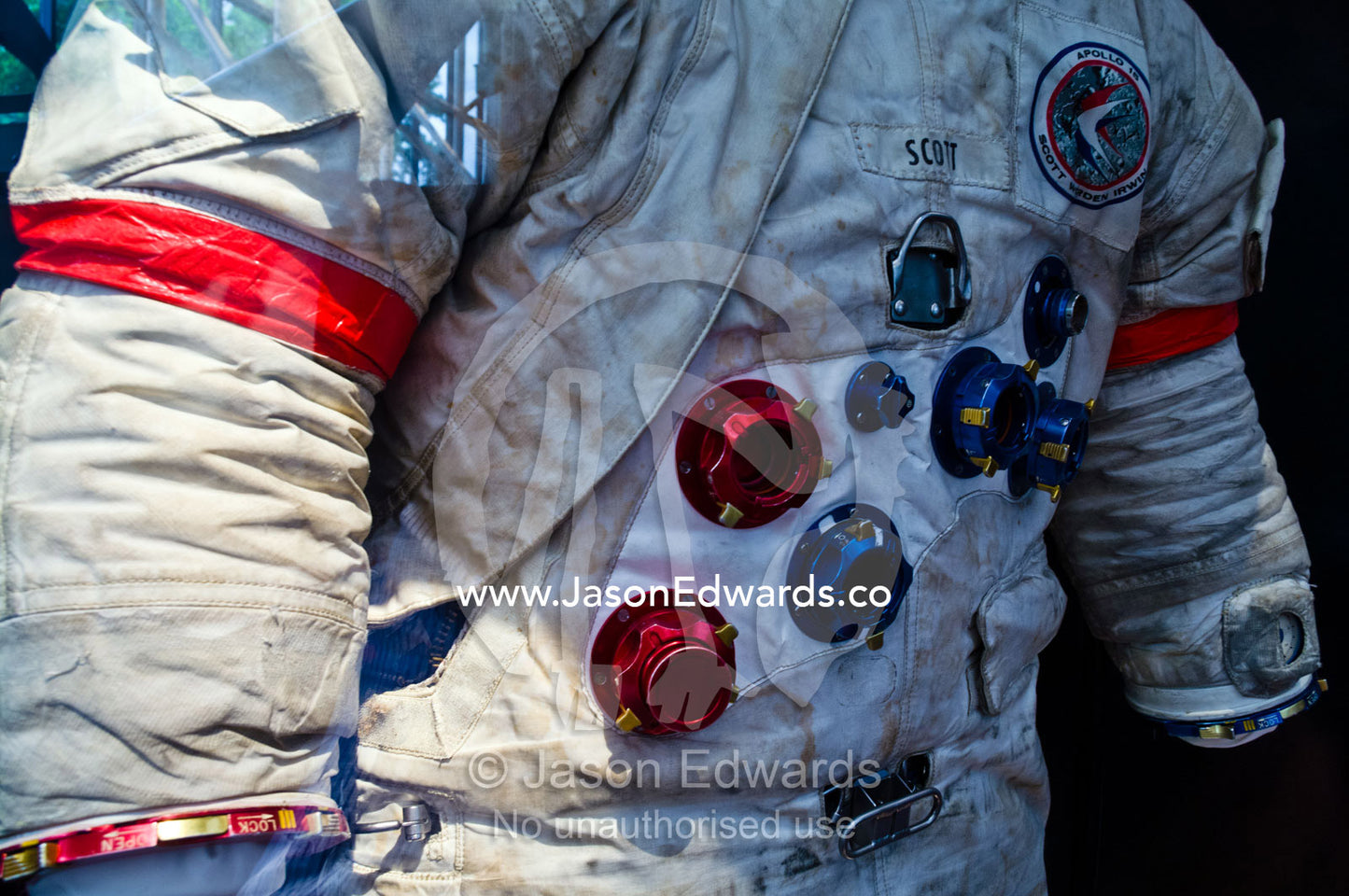 An Apollo Lunar Suit worn by an astronaut covered in moon dust. National Air and Space Museum, Smithsonian Institution, Washington, District of Columbia, United States of America.