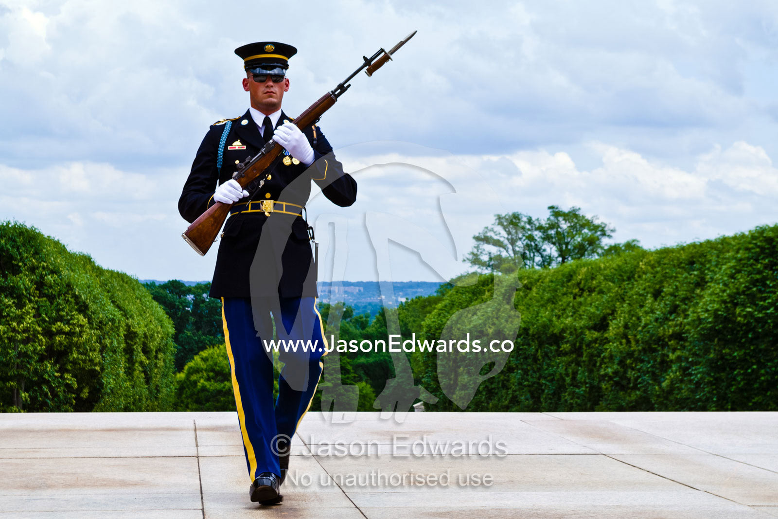 A guard at the Tomb of the Unknowns walking the mat on Memorial Day. Arlington National Cemetery, Arlington, Virginia, United States of America.