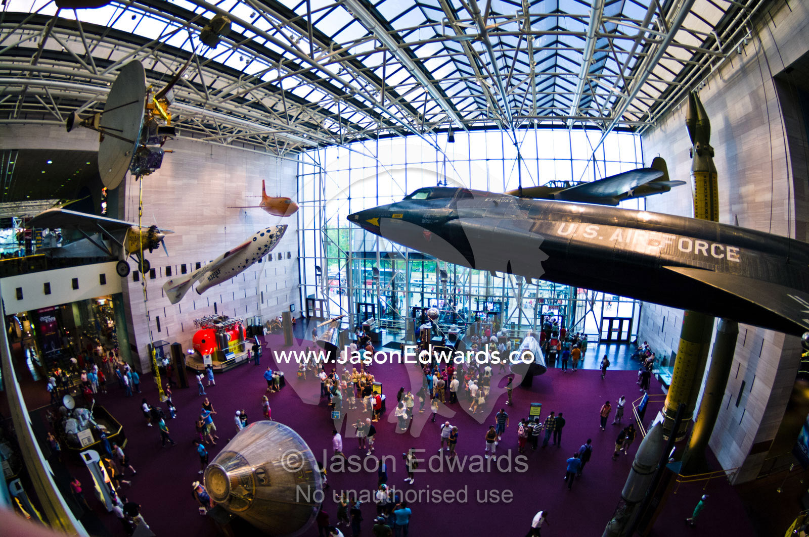 Aircraft and spacecraft in the Air and Space Museums grand entry hall. National Air and Space Museum, Smithsonian Institution, Washington, District of Columbia, United States of America.