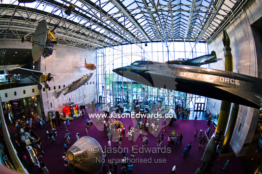 Aircraft and spacecraft in the Air and Space Museums grand entry hall. National Air and Space Museum, Smithsonian Institution, Washington, District of Columbia, United States of America.
