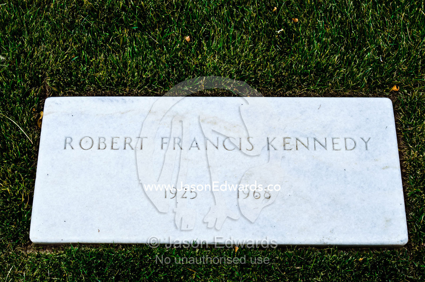 The marble grave stone of Robert Francis Kennedy on Memorial Day. Arlington National Cemetery, Arlington, Virginia, United States of America.