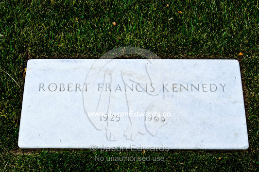 The marble grave stone of Robert Francis Kennedy on Memorial Day. Arlington National Cemetery, Arlington, Virginia, United States of America.