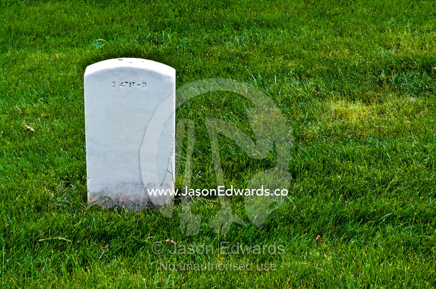A tombstone on a green lawn marks the grave of a fallen soldier. Arlington National Cemetery, Arlington, Virginia, United States of America.