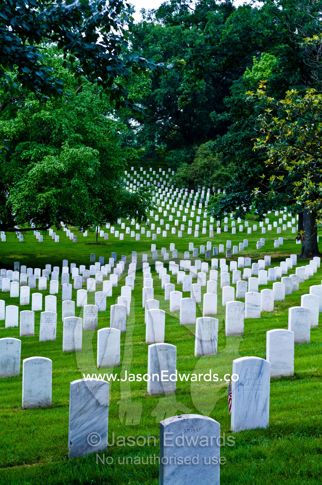 White marble tombstones mark graves of fallen soldiers in a cemetery. Arlington National Cemetery, Arlington, Virginia, United States of America.