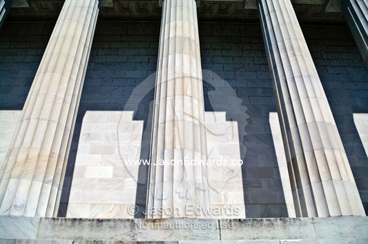 Marble Greek Doric columns support the roof of the Lincoln Memorial. Lincoln Memorial, National Mall, Washington, District of Columbia, United States of America.