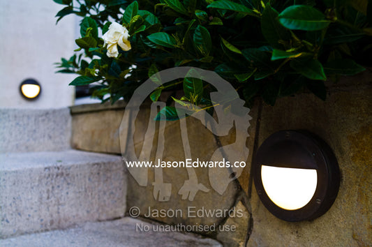 LED lighting in brass fixtures illuminate  garden steps for safety. Hawthorn, Melbourne, Victoria, Australia.