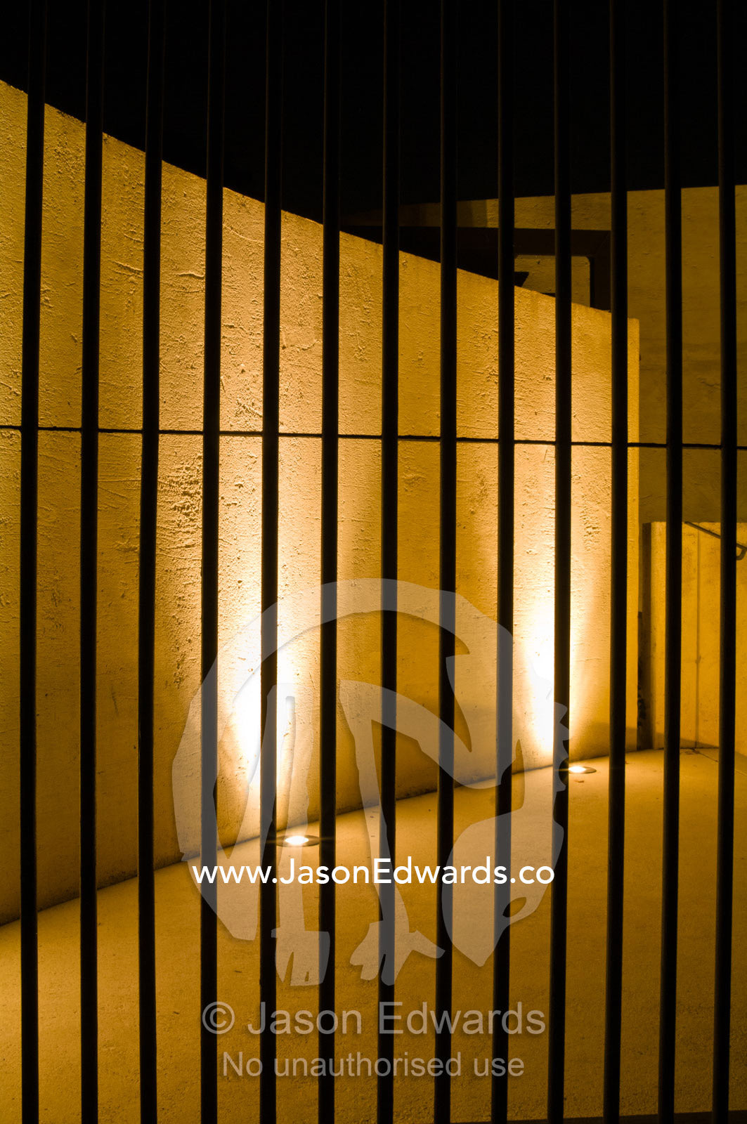 Steel security bars on a gate and LED lighting on a concrete wall. Hawthorn, Melbourne, Victoria, Australia.