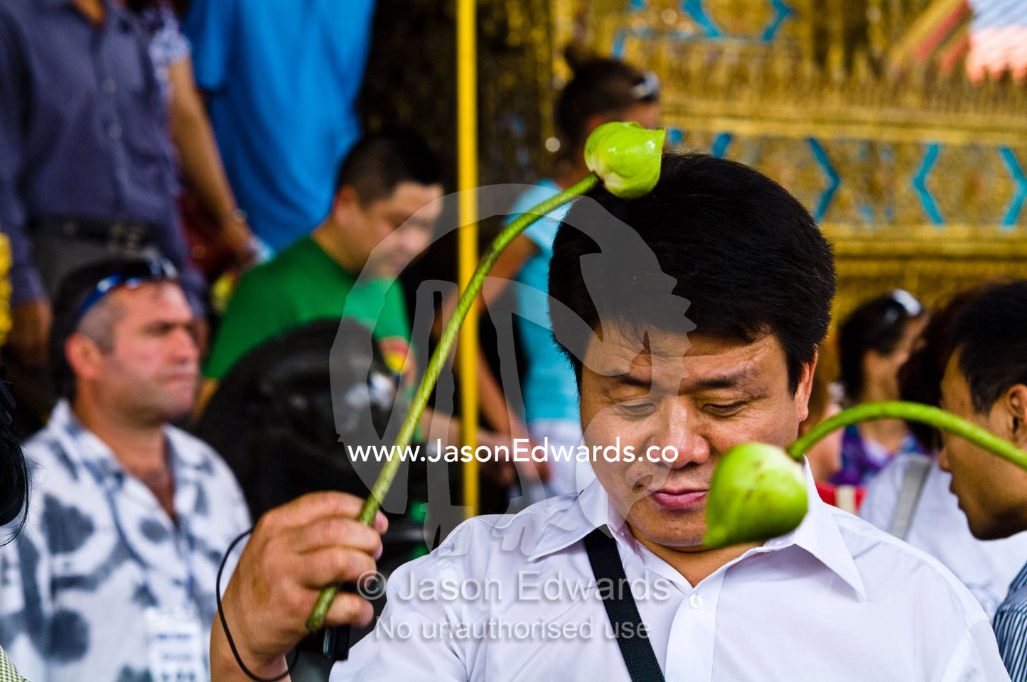 A worshipper says a prayer and touches his head with a flower bulb. Wat Phra Kaew, Wat Phra Kaeo, Temple of the Emerald Buddha, Bangkok, Thailand.