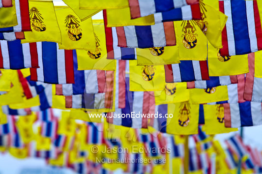 A cluster of flags celebrate the birthday of the King of Thailand. Chao Phraya River, near the Grand Palace, The Lord's Supreme, Great Royal Palace, Bangkok, Thailand.