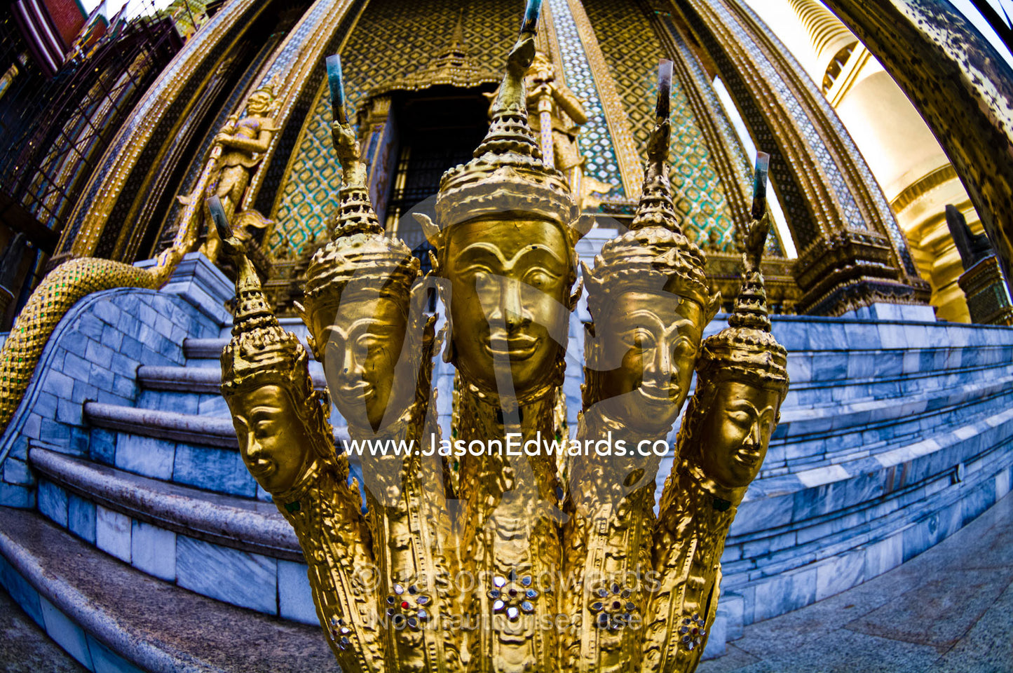 The many faces and heads of the Naga a mythological snake at a temple. Prasat Phra Thep Bidon, Royal Pantheon, Wat Phra Kaew, Wat Phra Kaeo, Temple of the Emerald Buddha, Bangkok, Thailand.