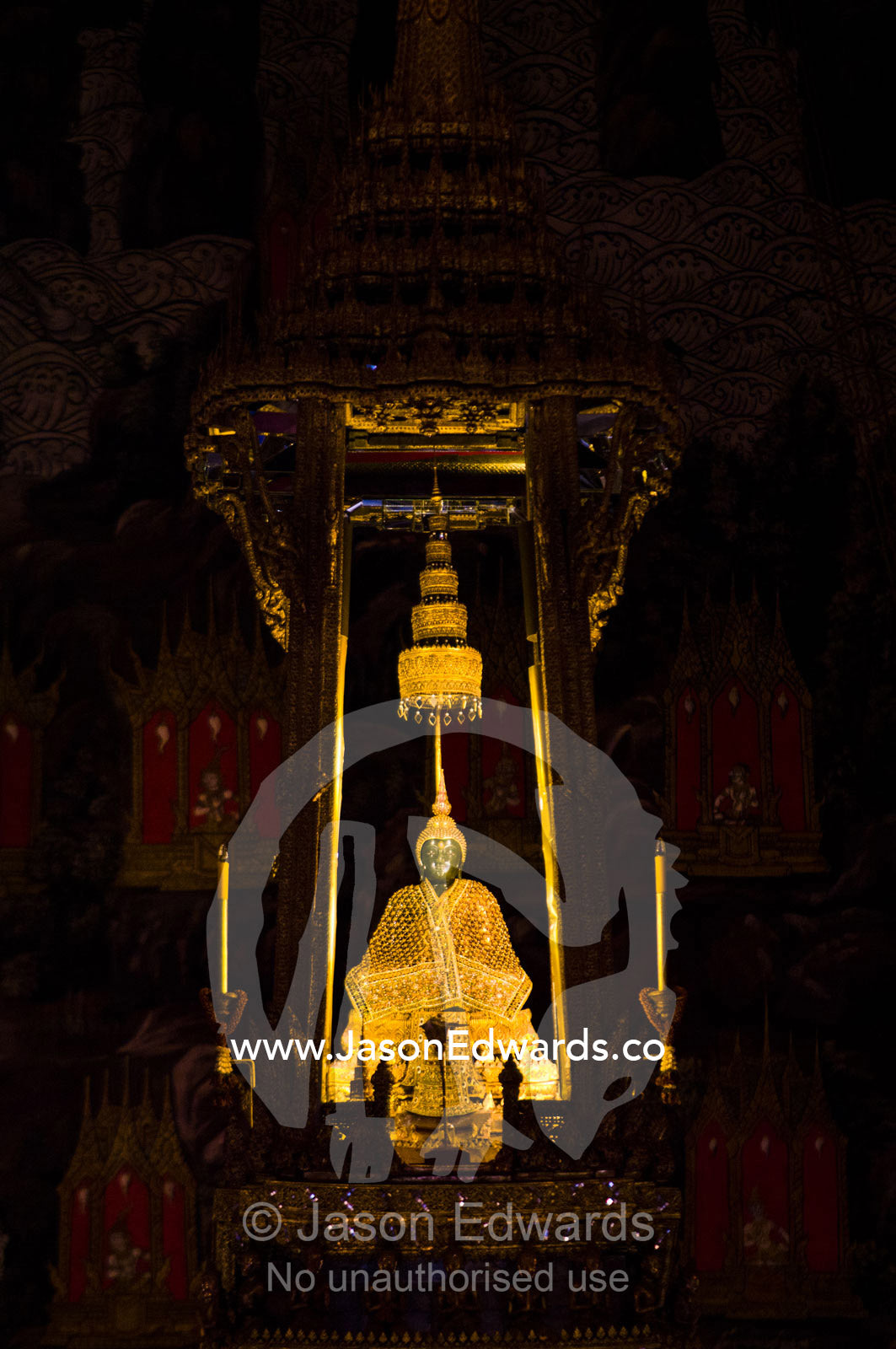 The Emerald Buddha, Phra Kaeo, sits in the holiest temple in Thailand. Wat Phra Kaew, Wat Phra Kaeo, Temple of the Emerald Buddha, Bangkok, Thailand.