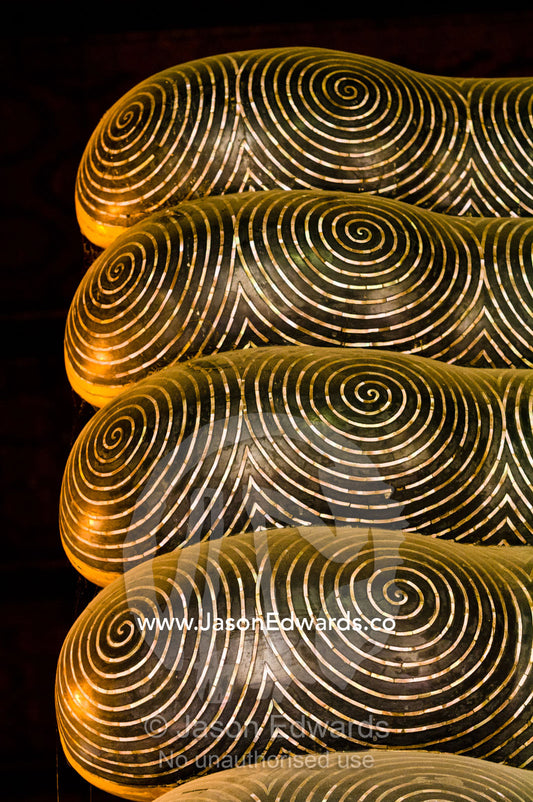 Mother of Pearl spirals inlaid into the toes of the Reclining Buddha. Wat Pho, Temple of the Reclining Buddha, Wat Chetuphon, Phra Nakhon District, Rattanakosin District, Bangkok, Thailand.