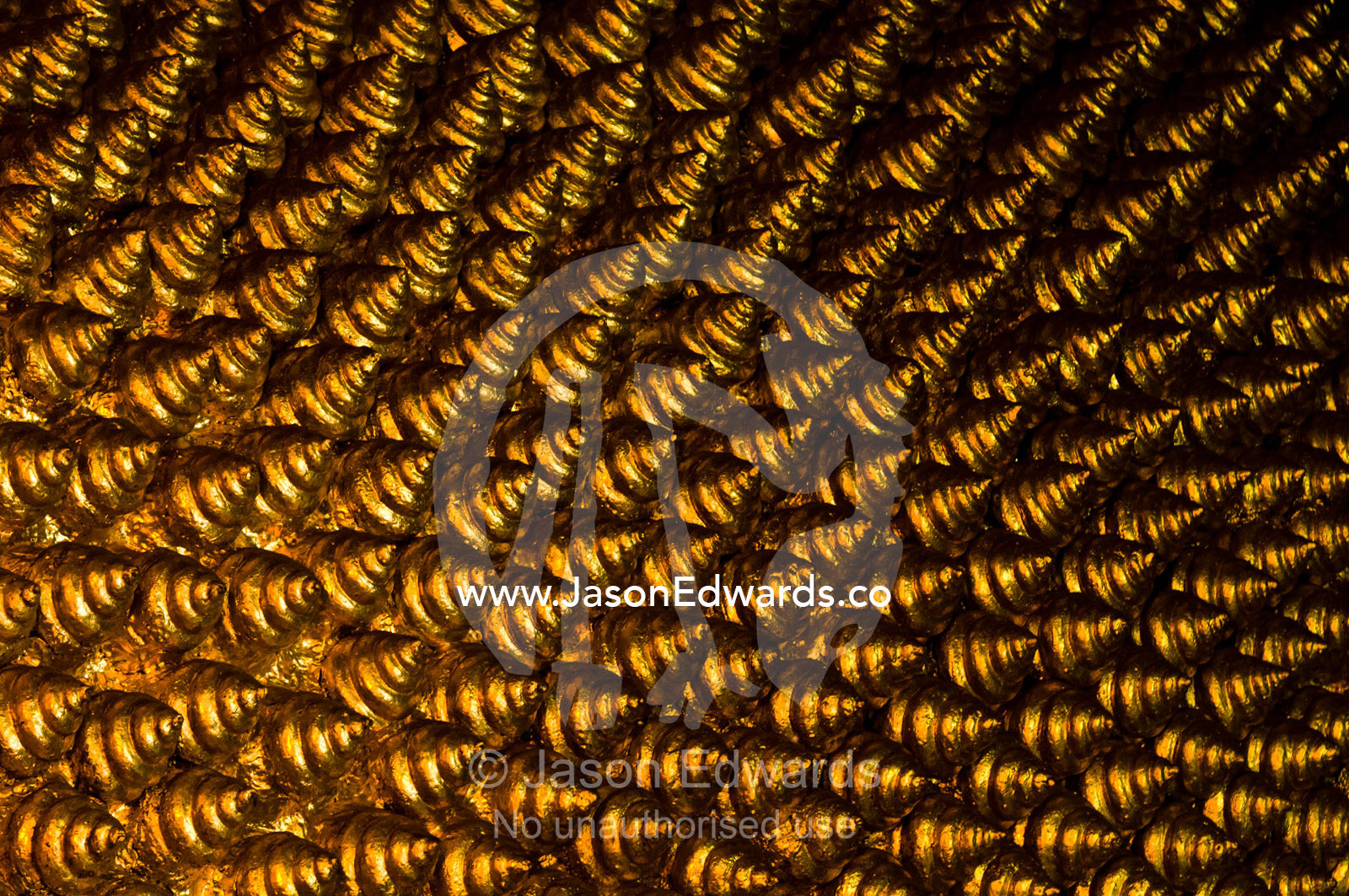 Hair of golden spirals adorning the head of the Reclining  Buddha. Wat Pho, Temple of the Reclining Buddha, Wat Chetuphon, Phra Nakhon District, Rattanakosin District, Bangkok, Thailand.