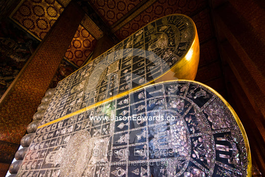 Mother of Pearl stories inlaid into the feet of the Reclining Buddha. Wat Pho, Temple of the Reclining Buddha, Wat Chetuphon, Phra Nakhon District, Rattanakosin District, Bangkok, Thailand.
